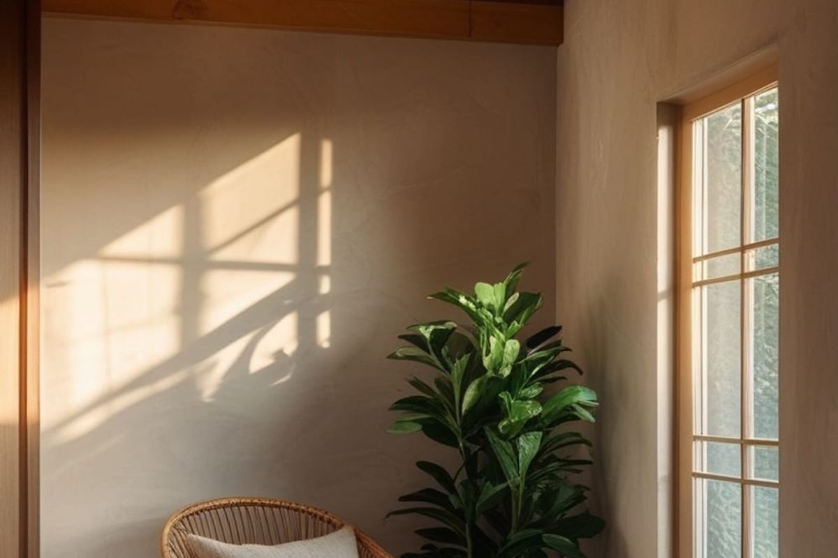 Salón pequeño y luminoso con sofá compacto, plantas y madera cálida
