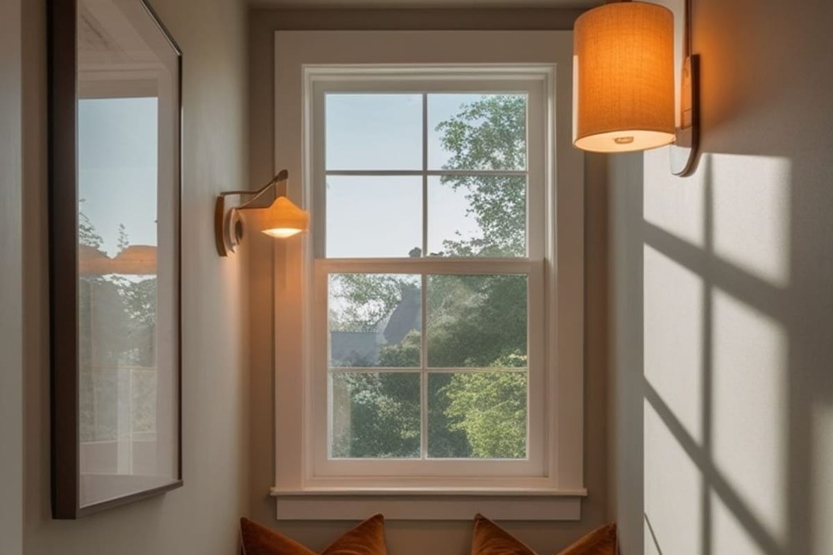 Rincón de lectura junto a una ventana con sillón de lino, lámpara de pie y mesa auxiliar pequeña